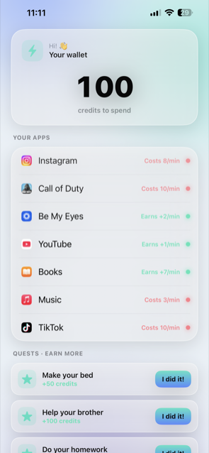 Screentime Nanny kid wallet — 100 credits to spend, apps that cost or earn credits per minute, quests to earn more